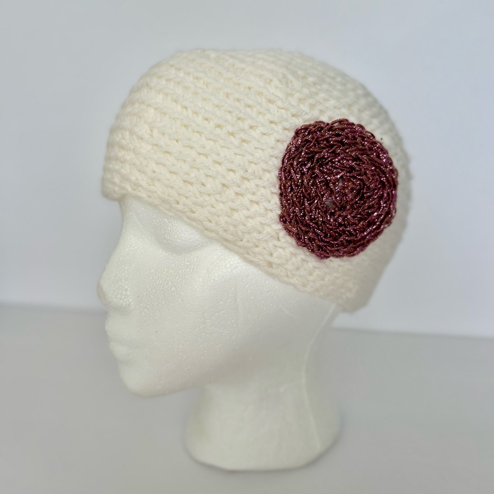 NEW! White Crochet Hat with Shimmer Flower